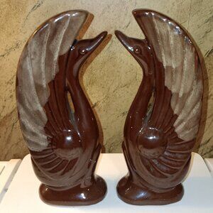 Mid Century Redware Pottery Swan Brown Drip Glaze Art Deco Ceramic